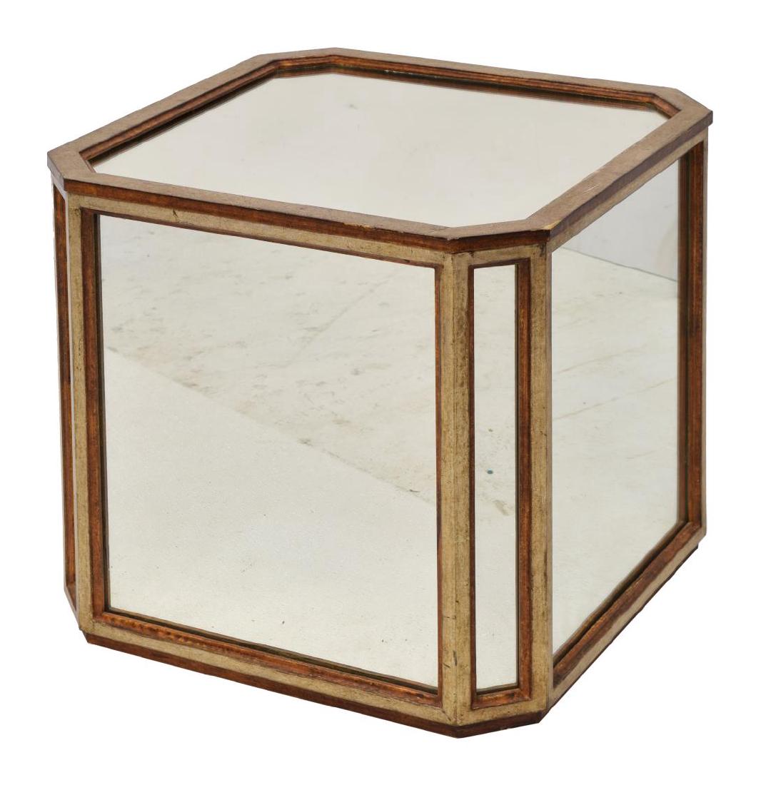 FRENCH GLASS & WOOD LOW CUBE OCCASIONAL TABLE: French low cube table, c.1970, having mirrored glass sides and top, with gilt painted wood edges, 19"h, 20.25"w, 20.25"d Start Price: $100.00
