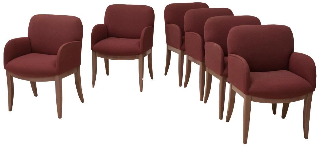 (6) MILO BAUGHAM THAYER COGGIN DINING ARM CHAIRS: (lot of 6) Thayer Coggin arm chairs, design by Milo Baugham (American, 1923-2003), a rounded back with arms upholstered in a plum color fabric, rising on angled supports with four in plum color, two i