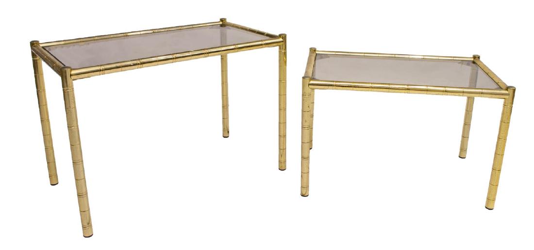 (2) FRENCH GILT METAL NEST OF TABLES: (lot of 2) French gilt metal nest of tables, 1960's, a faux bamboo style with glass tops, largest: 18"h, 25.5"w, 14.5"d Start Price: $60.00