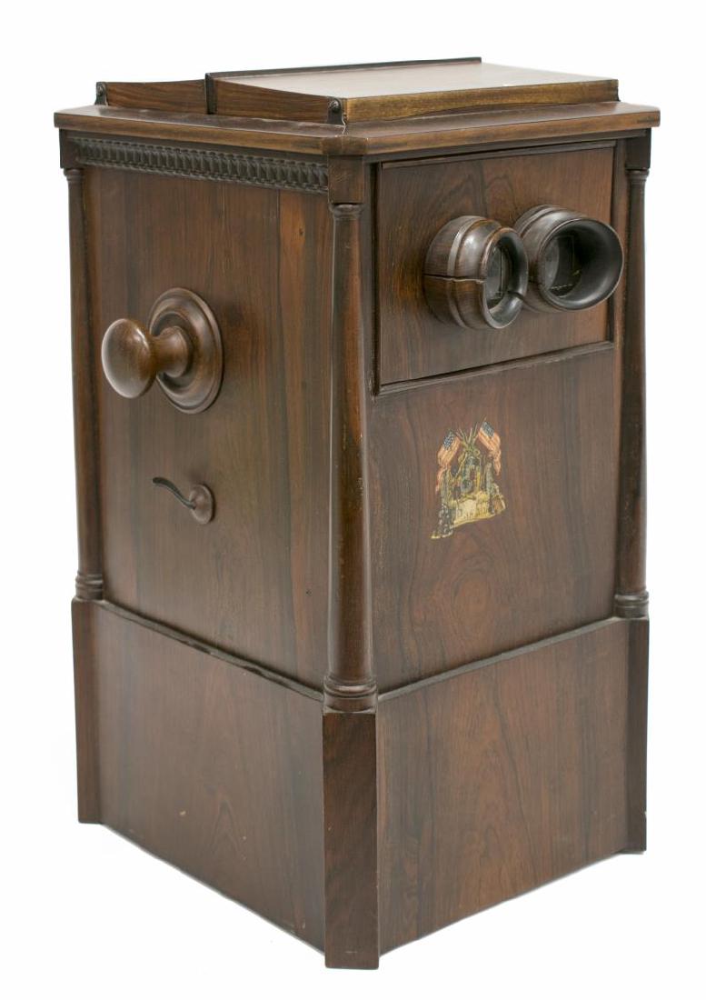 ALEX BECKER STEREOSCOPE VIEWER, C. 1860: Operating stereograph viewer by Alexander Becker (Germany, New York, d. 1905), patent dates 1857-1859, a rosewood case with viewing available at two sides, an exterior handle advances the stereo cards