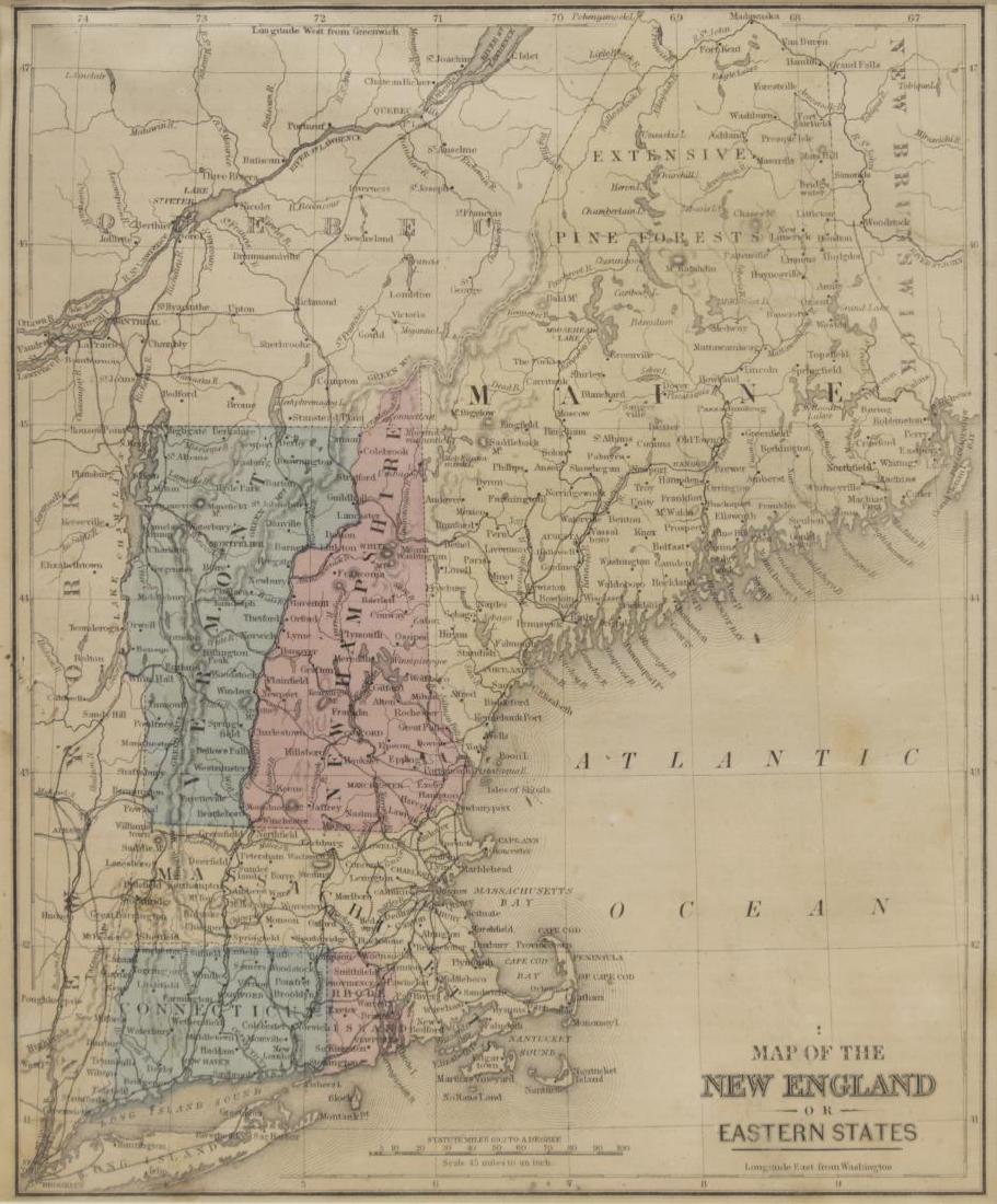 1879 MAP, WARREN'S NEW ENGLAND OR EASTERN STATES: Framed hand colored map, "Map of New England or Eastern States", page 33, "Common School Geography", David M. Warren (1820-1861), Cowperthwait & Co., Philadelphia, 1879, showing Maine, New Hampshire, 