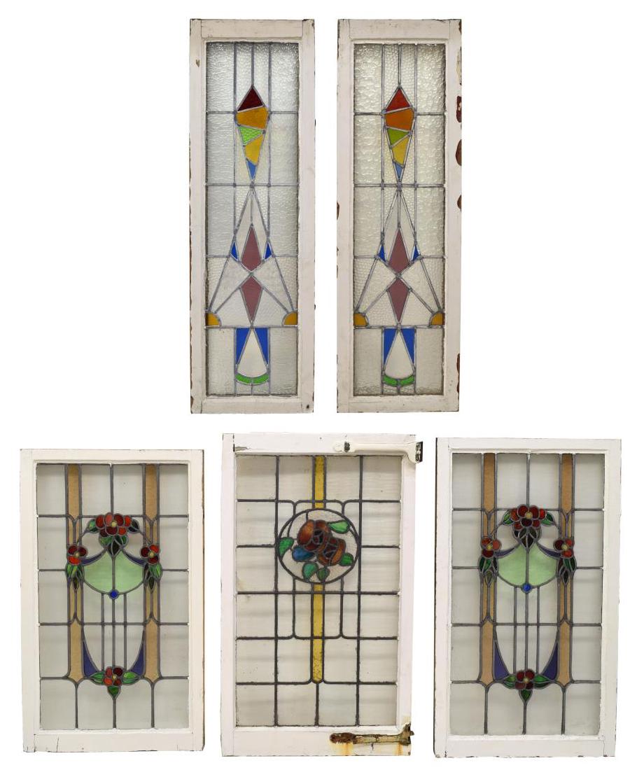 (5) ENGLISH STAINED LEADED GLASS WINDOWS: (lot of 5) English stained glass windows, c. 1920's, varied size and designs with white painted frame around leaded plate with clear and colored glass, overall including frame: (2) 50"h,15.25"w, (1) 4