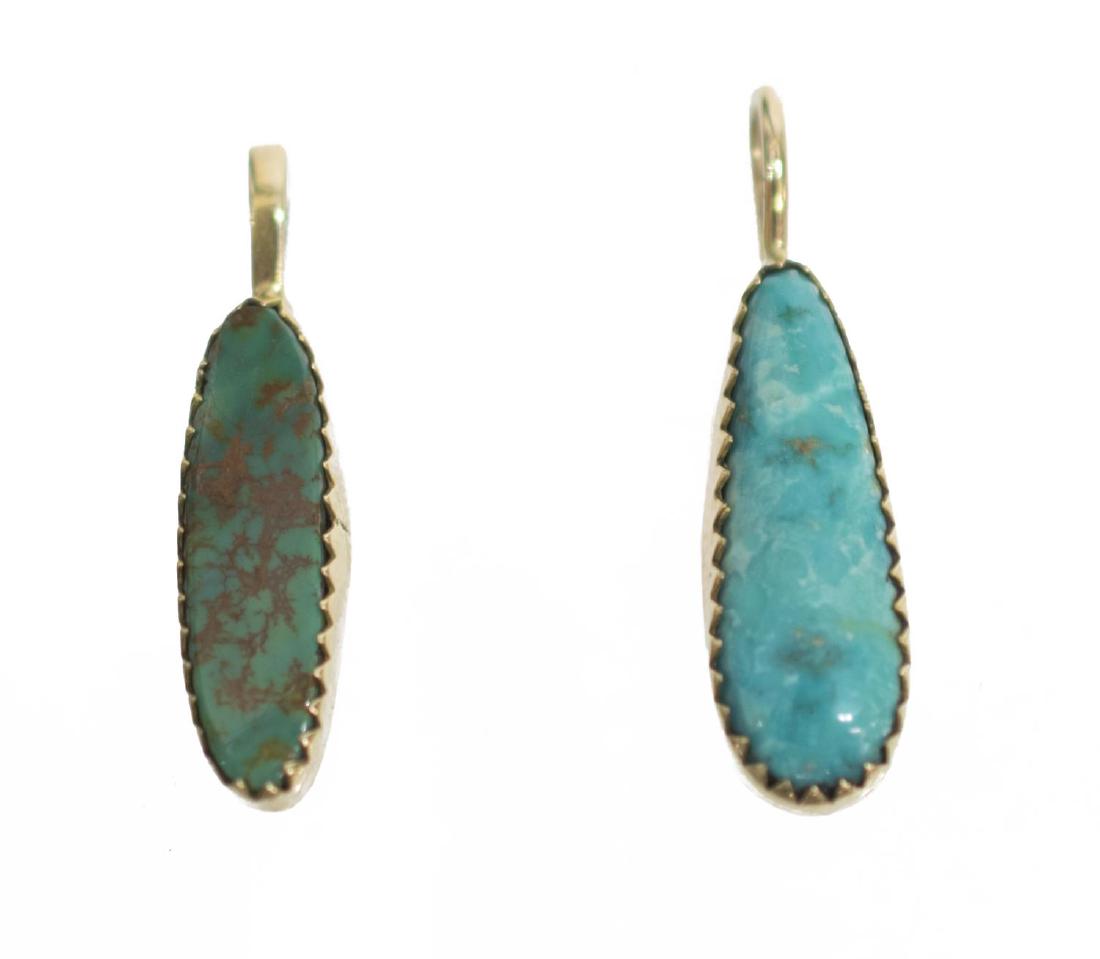 (2) PIT RIVER INDIAN 14KT TURQUOISE PENDANTS: (lot of 2) Pit River Indian 14kt gold and turquoise pendants, both marked 14kt and signed Lucky (Lucky Preston) verso, each approx 1"l Start Price: $100.00