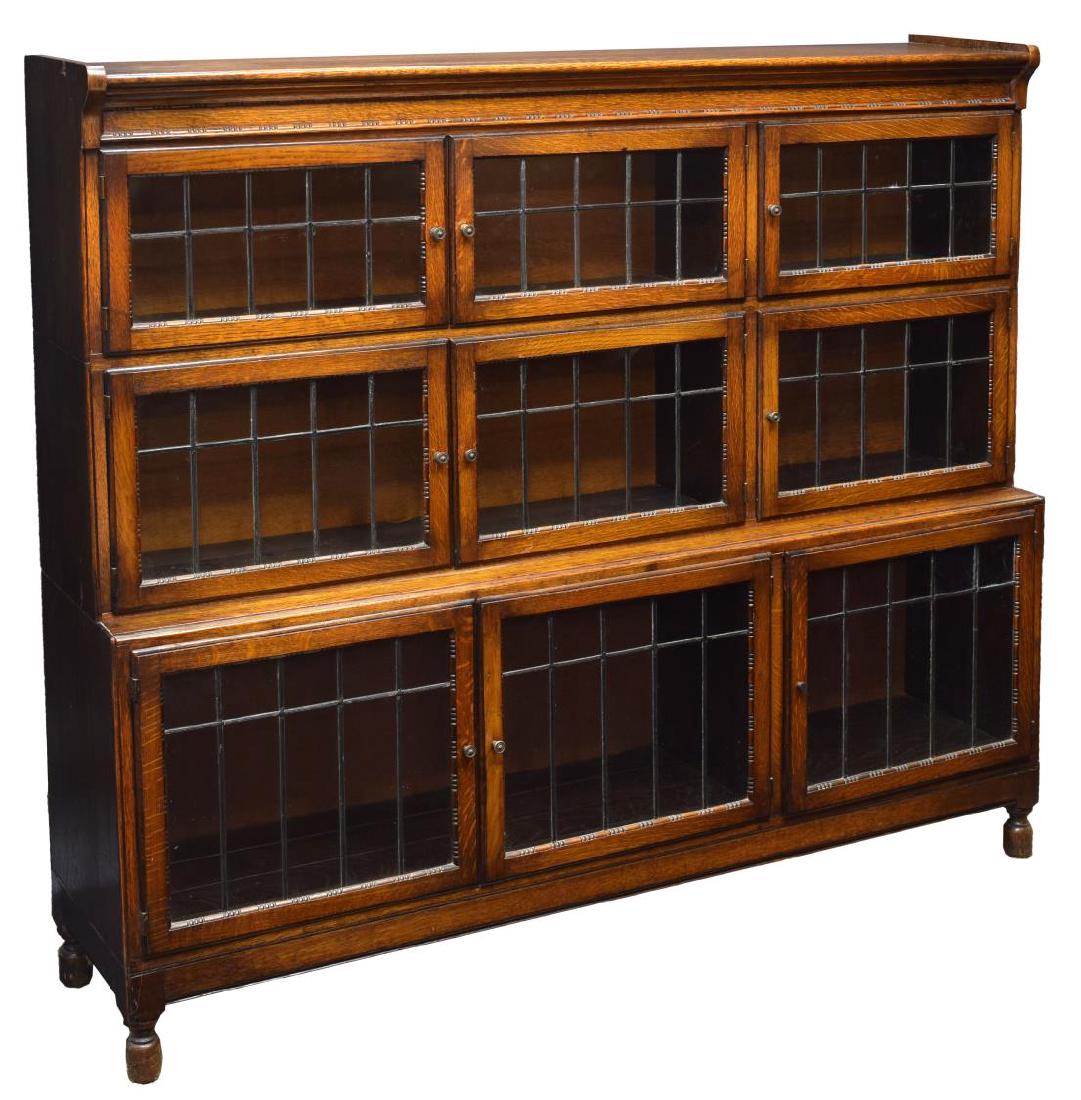 OAK STACKING LAWYERS BOOKCASE, LEADED GLASS DOORS