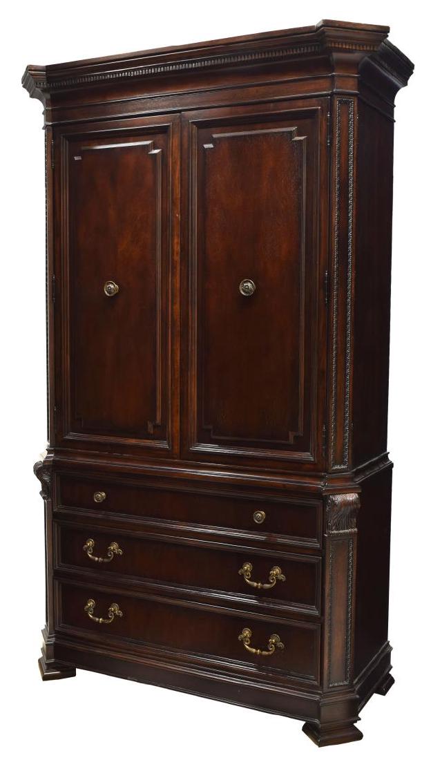 THOMASVILLE ENTERTAINMENT CABINET: Thomasville mahogany finish entertainment cabinet, late 20th c., a protruding cornice over two double hinged doors opening to adjustable height shelves, three lower exterior drawers, rising on bracket