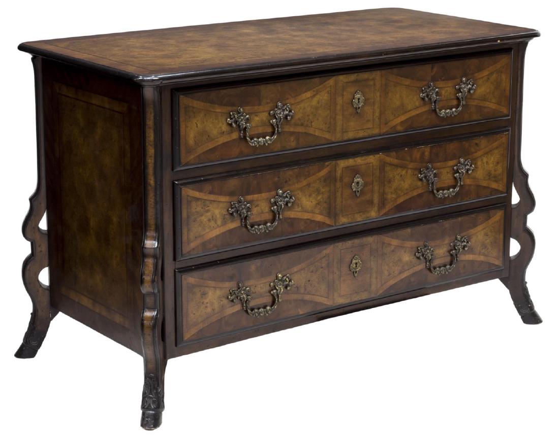 JOHN RICHARDS INLAID WOOD CHEST OF DRAWERS: Inlaid stylized wood chest of drawers, John Richards from the "European Crossroads" line, the rectangular molded top over three marquetry drawers with scrolling ornate metal hardware, rising on pierce