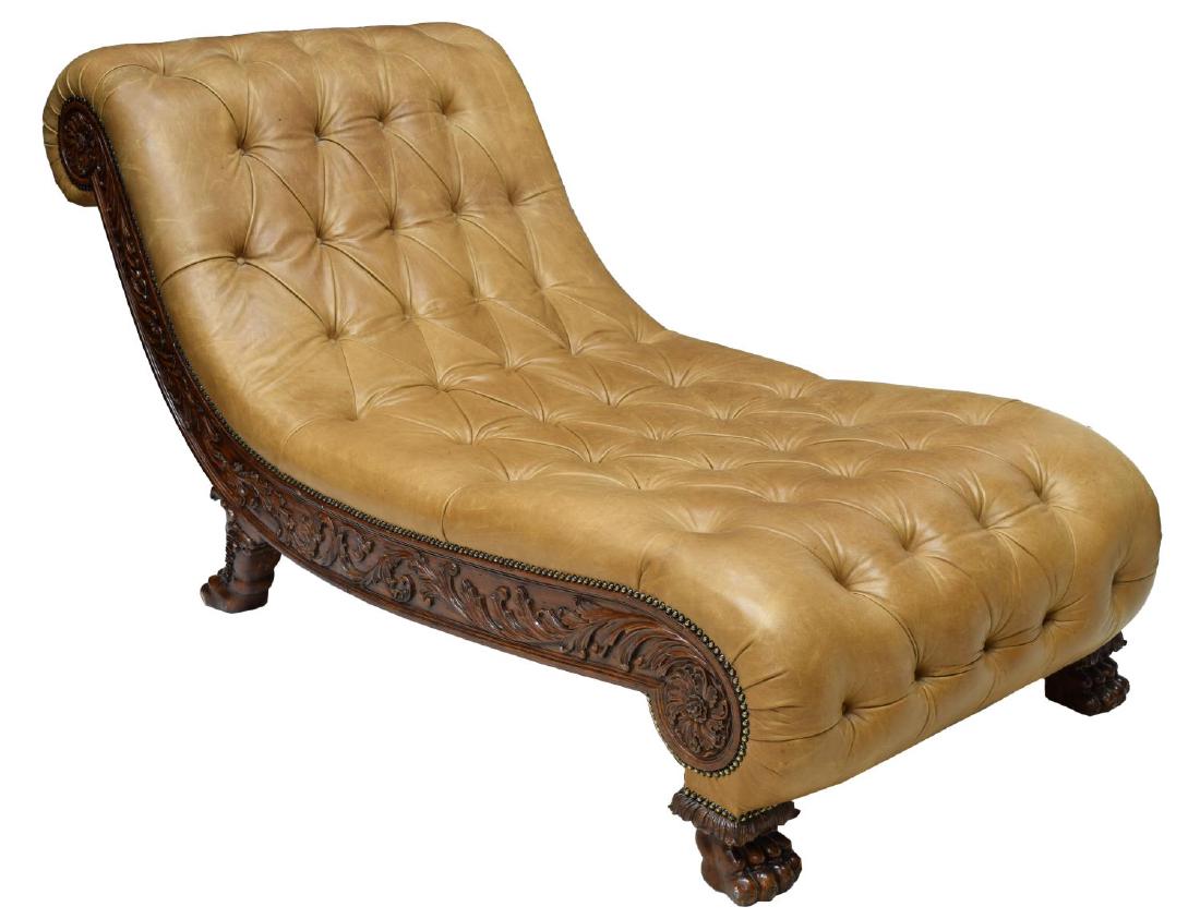 MAITLAND-SMITH BUTTONED LEATHER CHAISE LOUNGE: Maitland-Smith mahogany framed chaise lounge, late 20th c., upholstered in brown buttoned leather with foliate carving at the exposed scrolling frame, rising on large paw feet, 38.25"h, 76"w, 38"d Sta