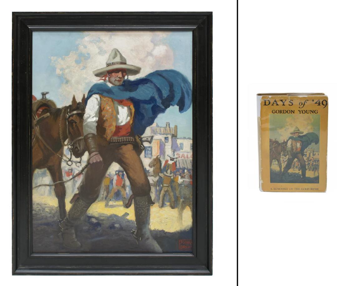 JOHN DREW (1885-1953) WESTERN COVER ILLUSTRATION: (lot of 2) Framed oil painting on canvas, "Days of '49" signed lower right John Drew (Illinois, New York, 1885-1953), together with (1) book: "Days of '49", Gordon Young, Grosset & Dunlap, New York, 1