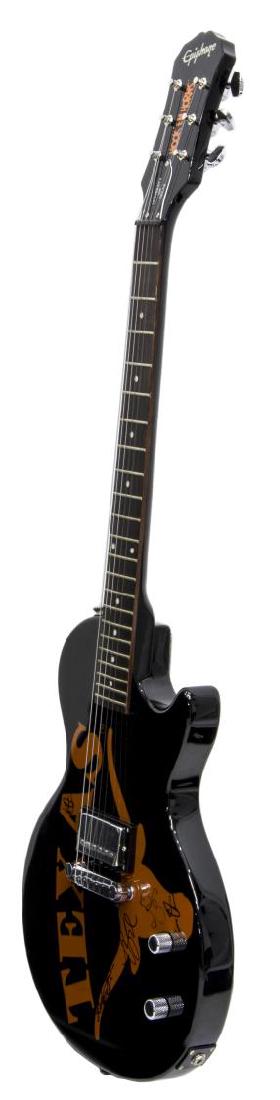 UNIVERSITY OF TEXAS MARKED ELECTRIC GUITAR: University of Texas six string electric guitar, Epiphone Collegiate Series, black with burnt orange Texas Longhorn and Hook'em Horns logo, complete with soft gig bag, lacking E1 string, overall with b