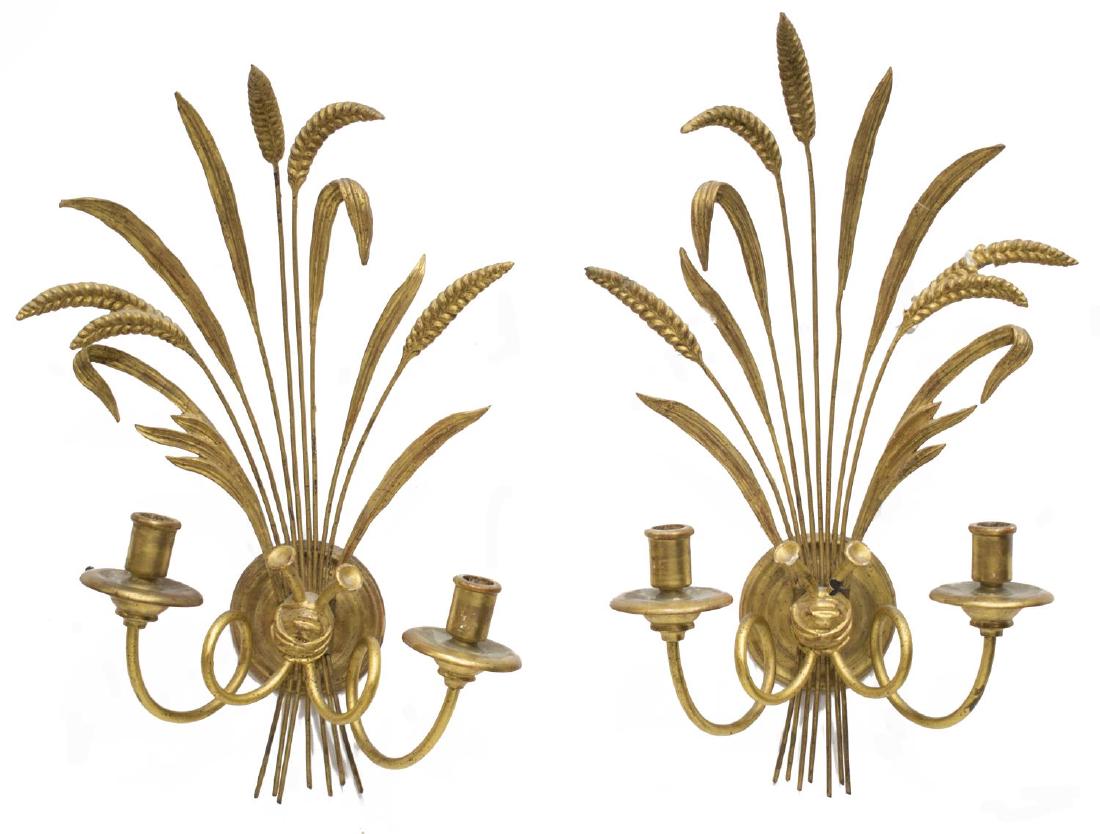 (2)ITALIAN GILT METAL 2-LIGHT FOLIATE WALL SCONCES: (pair) Italian two-light wall sconces, each having gilt metal base of splayed foliate forms, two twisted arms terminating in bobeches and faux candlestick light sockets, surface wear, loss to gilt met