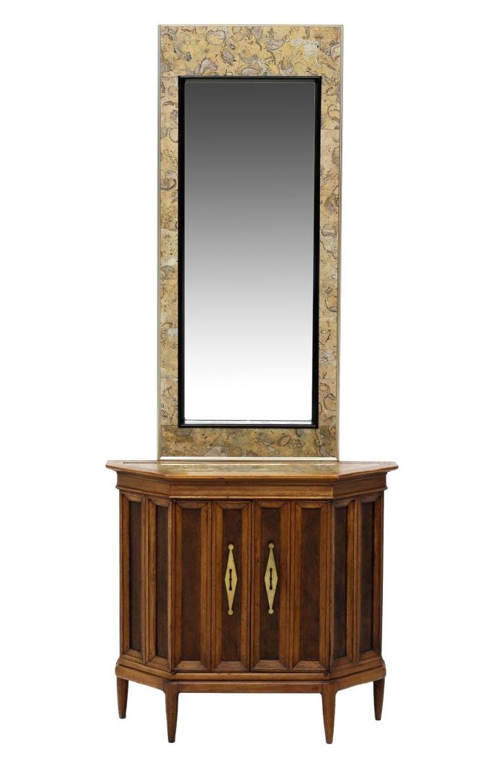 MARBLE TOP CONSOLE CABINET & MATCHING MIRROR: (lot of 2) Console cabinet and wall mirror, a rectangular central mirror plate surrounded by marble, the table with a shaped top and inset marble over two drawers, rising on tapered supports, mirror: