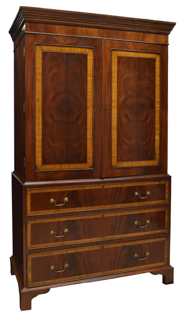 ENGLISH BEVAN FUNNELL DOUBLE DOOR LINEN PRESS: Bevan Funnell reproduction linen press, 20th c., England, in two pieces, having stepped cornice top, double door cabinet, with book matched veneers, over three drawers, with brass hardware, all with c