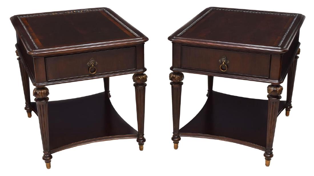 (PAIR) THOMASVILLE MAHOGANY FINISH END TABLES: (lot of 2) Thomasville mahogany end tables, late 20th c. rectangular, each with a single frieze drawer, rising on tapered ribbed and turned supports joined by a lower shelf, 26"h, 24.5"w, 30.25"d Star