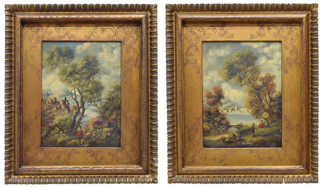 (2) GILT FRAMED PAINTINGS, SIGNED VAN THOREN: (lot of 2) Framed oil paintings on copper, 19th Century Castle, Landscape, Figural Scene, in the manner of Otto Ritter von Thoren (Austria, 1828 - 1889), signed after Van Thoren, each sight: 9"h, 6.75