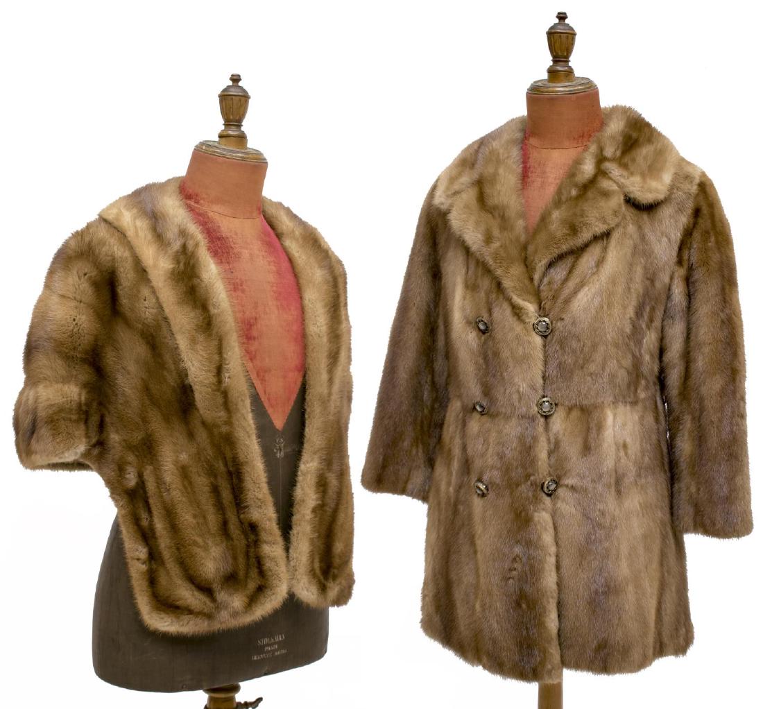 (2) VINTAGE LADIES MINK COAT & BROWN MINK WRAP: (lot of 2) Ladies Vintage fur wrap and coat: (1) coat with decorative buttons, personalized to the interior liner, some loss to fur on back, approx 31"l, 17"w (shoulder to shoulder), 18"w (waist), 21"