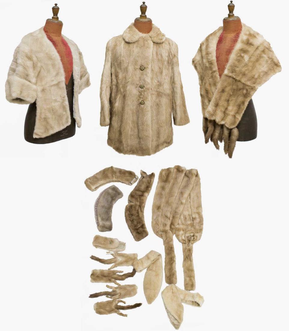 COLLECTION OF VARIOUS MINK FUR STOLES, COAT: (lot) Collection of fur items; (1) three-quarter sleeve car-length mink fur coat, shoulder to shoulder approx. 16", shoulder to cuff 20.75", shoulder to hem 28"; (2) mink fur stoles or capes; includes