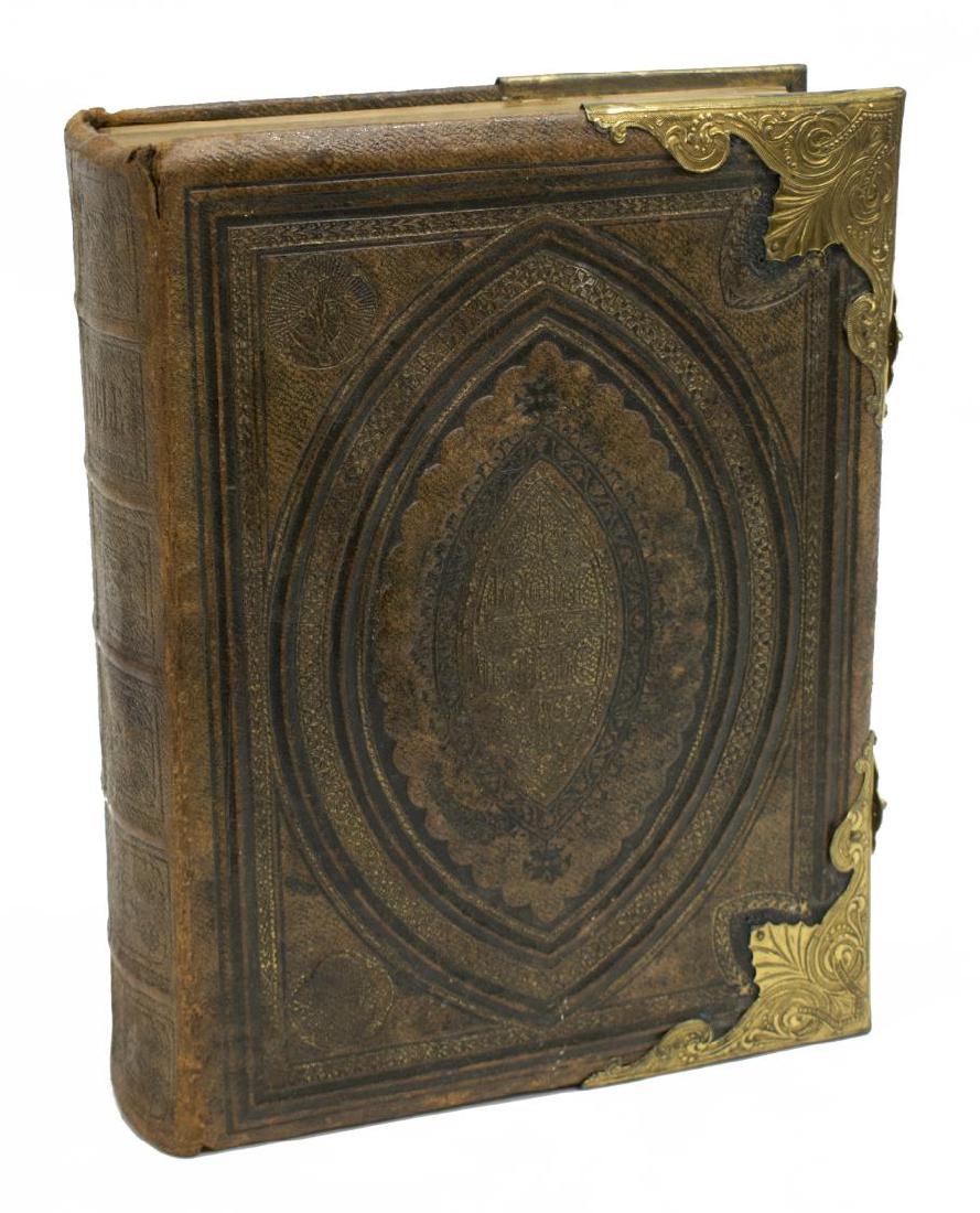 ENGLAND LEATHER & BRASS BOUND FAMILY BIBLE, 19TH C: English Family Bible, late 19th c., published by Walter Leigh London, with commentaries by Henry and Scott, leather binding, gilt edges, brass corner caps and locking clasps, colored illustrations thr