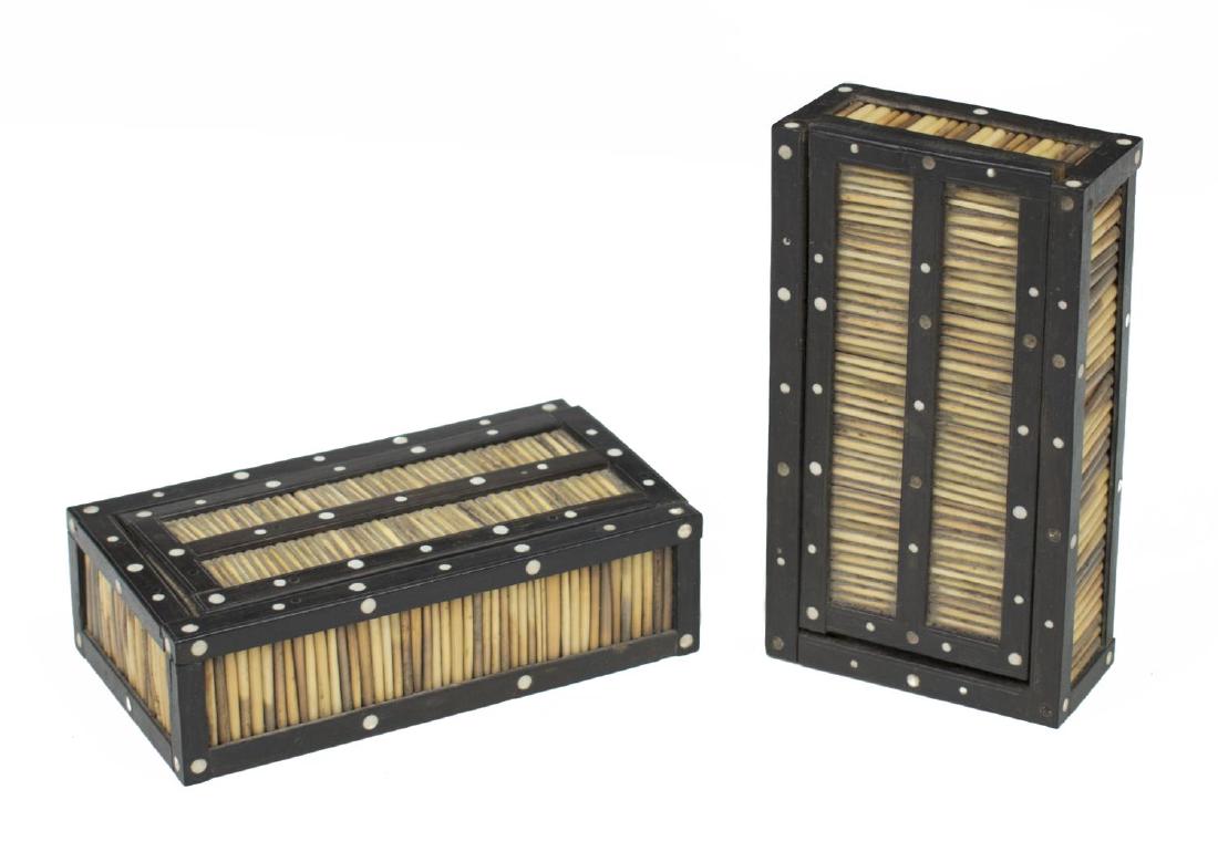 (2) PORCUPINE QUILL AND WOOD INLAID TABLE BOXES: (pair) Porcupine quill and wood table boxes with bone inlay, c. 1900, exterior ebonized wood lined with porcupine quills, small circles of bone inlay around edges, top slides to open, some loss to bon