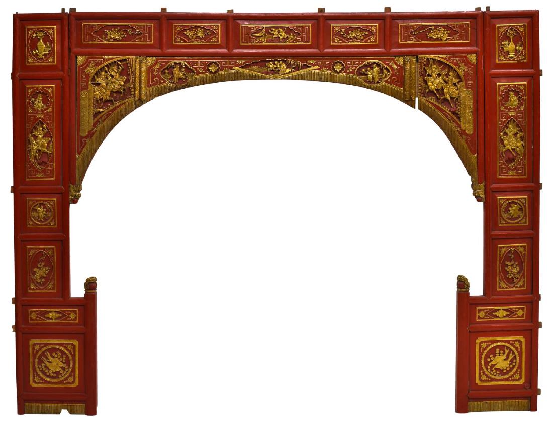 (3)CHINESE RED LACQUER GILDED ARCHITECTURAL PANELS: (lot of 3) Chinese red lacquer architectural panels, formerly the face of a wedding bed, each carved and brightly gilded and carved with figures and symbols Start Price: $150.00