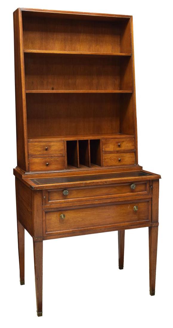 MAHOGANY BUTLER'S SECRETARY BUREAU: Mahogany butler's secretary, 20th c., the upper part with open shelves over a gallery with drawers and slots, a central inset leather writing surface over two drawers, all rising on tapered squared le