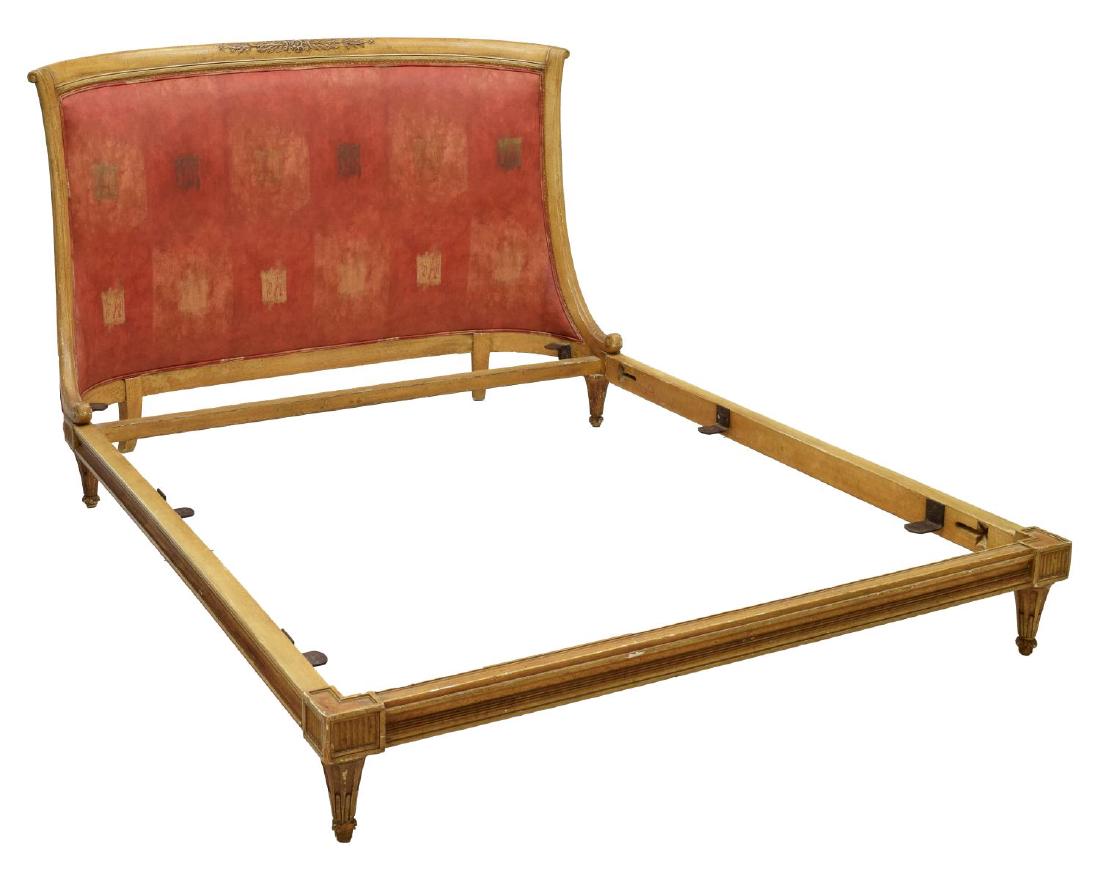 FRENCH STYLE FRUITWOOD BED: French style bed, 19th c., having carved fruitwood frame, with fluted corner brackets, upholstered headboard, with scroll rail, all rising on tapered legs, overall: approx. 41.75"h, 59.25"w, 88.5"d, i