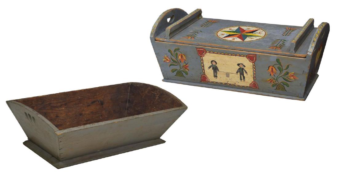 (2) PENNSYLVAINA DUTCH & CAPE COD DOUGH BOXES: (lot of 2) American dough boxes: (1) Pennsylvania Dutch painted pine dough box, 20th c., the top lifting off to the interior, exposed dovetails at each corner, 11.75"h, 30"w, 15.5"d; (1) Cape Cod pain