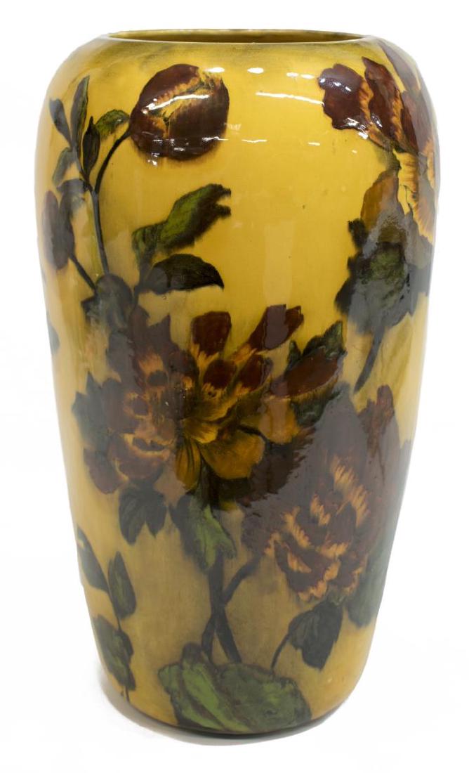 19TH C. ENGLISH GEORGE JONES MADRAS WARE VASE: English Madras Ware vase, c. 1890, yellow ground with deep red peonies, marked underside "Madras Ware England" above monogram crescent mark for George Jones & Sons, 17"h, 10.25 lbs total Start Price: 