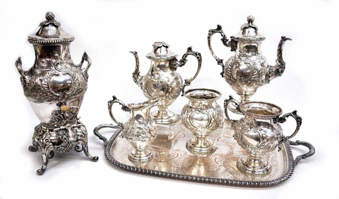 (7) ORNATE LANDSCAPE SILVERPLATE TEA & COFFEE SET (1 of 10)