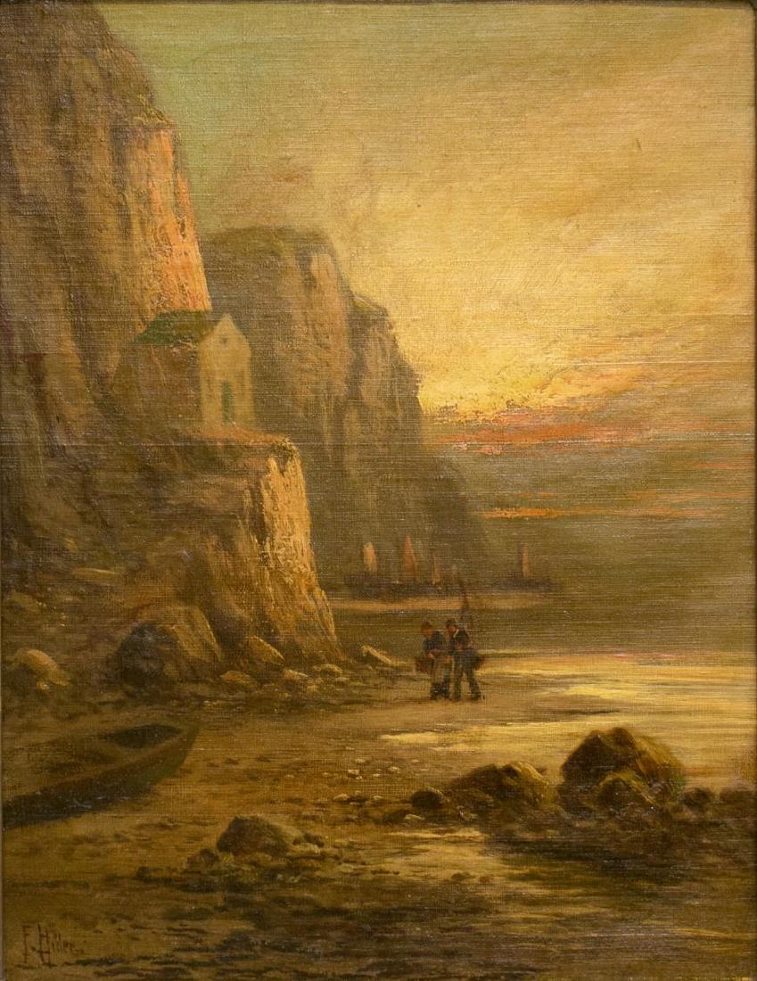 FRANK HIDER (BRITISH, 1861-1933) SUNSET PAINTING: Framed painting on canvas, "The Sun in Golden Glory Sinks To Rest", signed lower left F. Hider (Frank Hider, British, c. 1861-1933), titled verso, with Winsor & Newton of London canvas stamp, pen numb