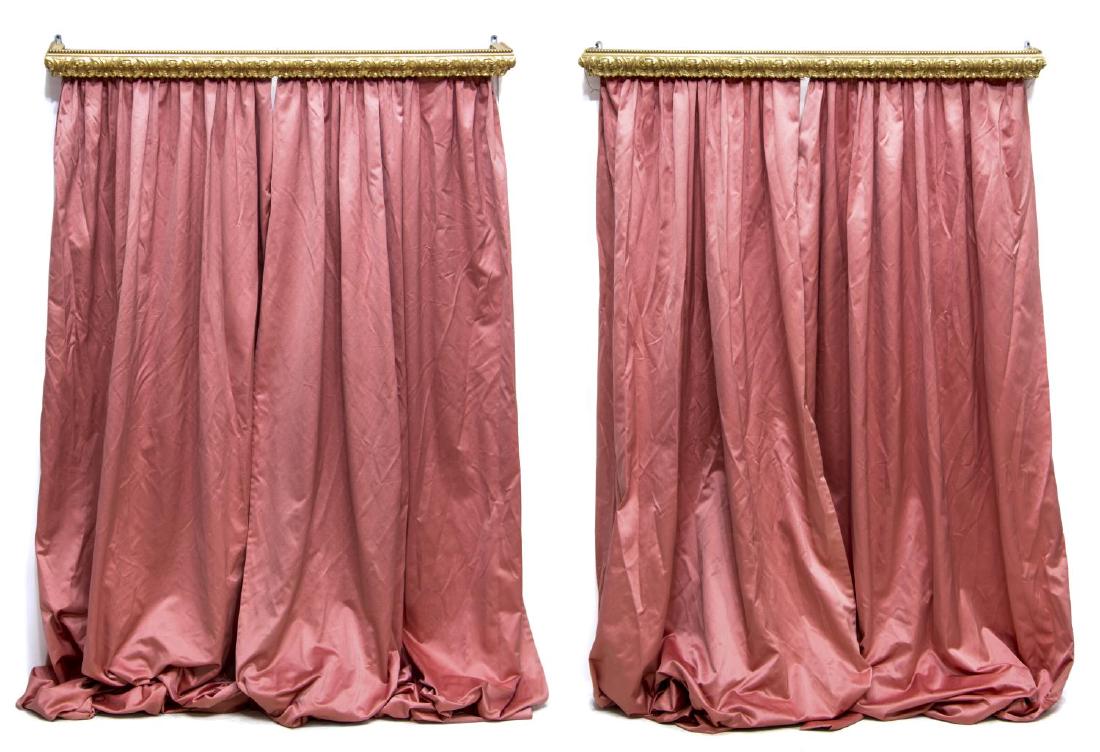 (2)CONTINENTAL GILTWOOD VALENCES & CURTAINS: (pair) Continental giltwood curtain cornice valences, each cornice shaped as crown molding having foliate and raised dot design, retaining removable silk rose curtains, cornice valence: 3"h, 50.5"w, 6