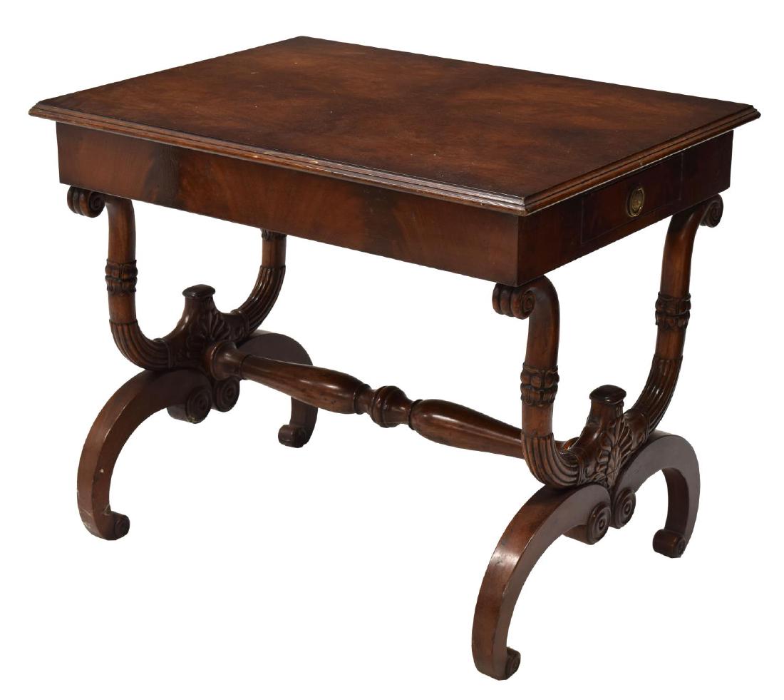 FRENCH BURL FINISH WRITING TABLE: French burl finish table, 20th c., rectangular with a long drawer at one end, rising on carved scrolled supports, 28.25"h, 34"w, 25"d *Provenance: An Austin home purchased in the 1960's, completely fu