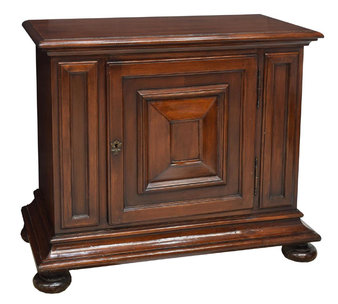 MAHOGANY CABINET WITH SHELVES ON BUN FEET (1 of 2)