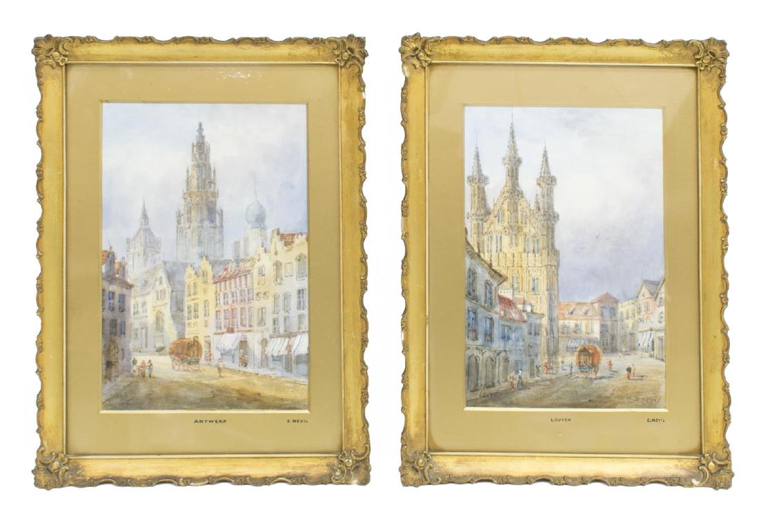 (2) E NEVIL (19TH C.) LOUVEN & ANTWERP WATERCOLORS (1 of 4)