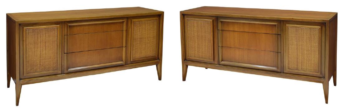 (2) MID-CENTURY MODERN CREDENZAS: (lot of 2) Mid-century modern credenzas by Century Furniture Company, rectangular with three central drawers flanked at each side by two doors, rising on tapered supports, 31.5"h, 62"w, 9.75"d Start P