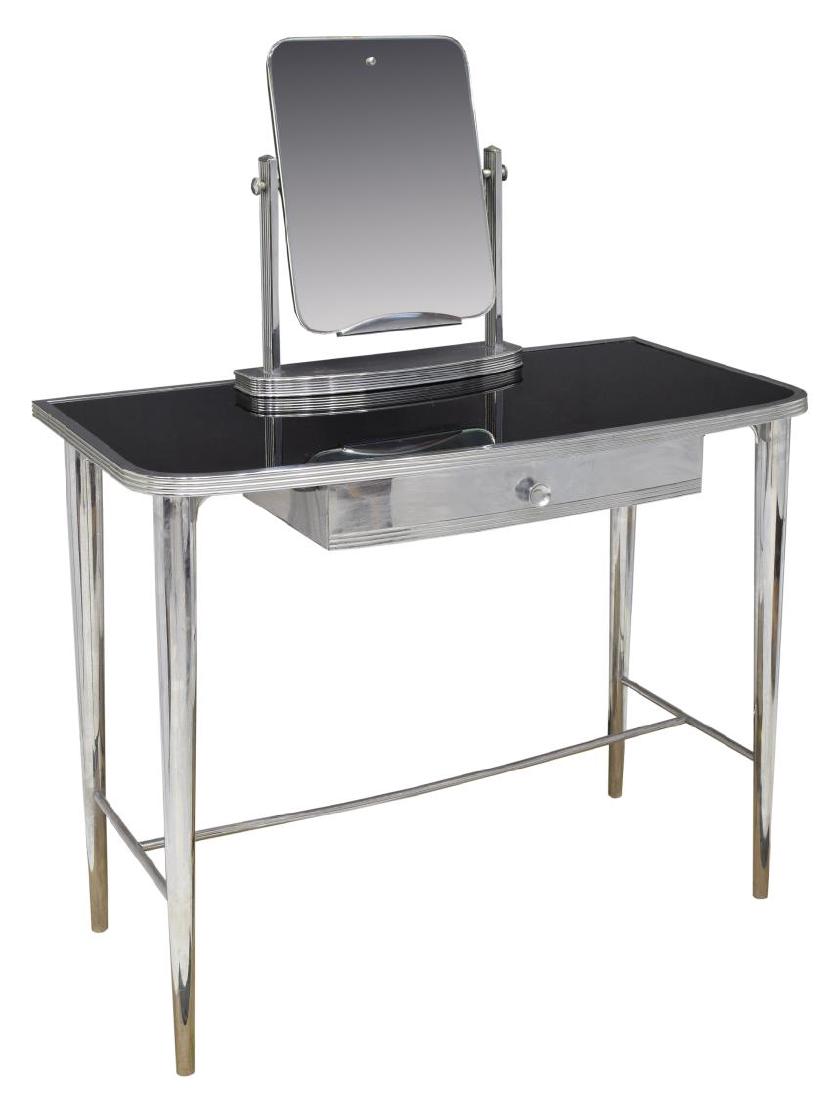 ITALIAN BARBER'S CHROME TABLE & UTILITY MIRROR: (set) Art Deco barbers table and mirror, Italy, c. 1940, including: (1) chrome metal table, with black glass top, rising on tapered legs, joined by H stretcher, approx 28.75"h, 35.5"w, 18.25"d; (1) sw