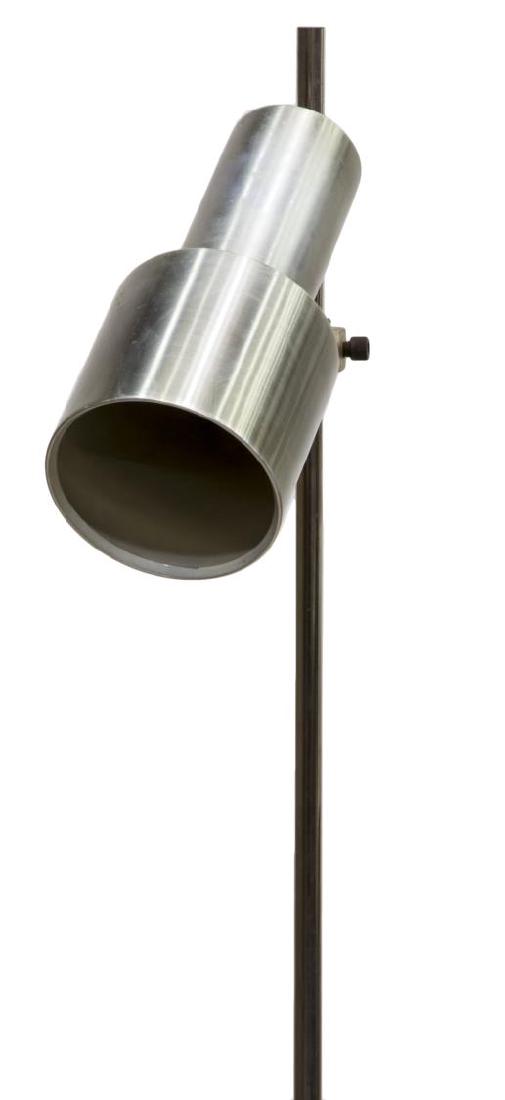 MID-CENTURY MODERN SINGLE LIGHT FLOOR LAMP: Mid-century modern floor lamp, c. 1960s, in the manner of Lyfa, having silver-tone steel central standard, issuing one adjustable shade, rising on a rectangular slate base, in need of wiring, 49"h, 8"