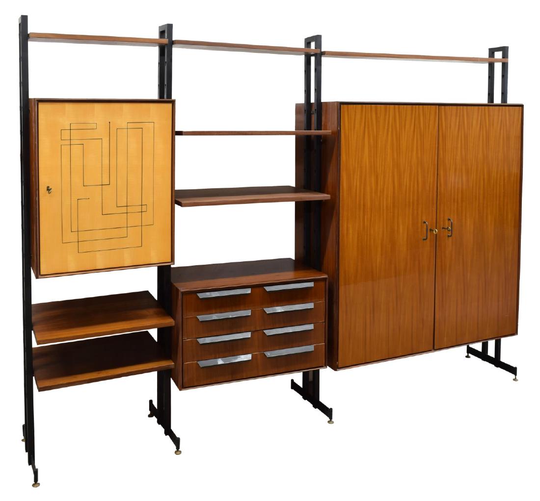ITALIAN MID-CENTURY MODERN MODULAR WALL UNIT: Mid-century modern modular wall unit, Italy, c. 1950's, having vertical metal supports, with four open shelves, stack of four drawers, and two cabinets, one with divided double doors opening to shelve