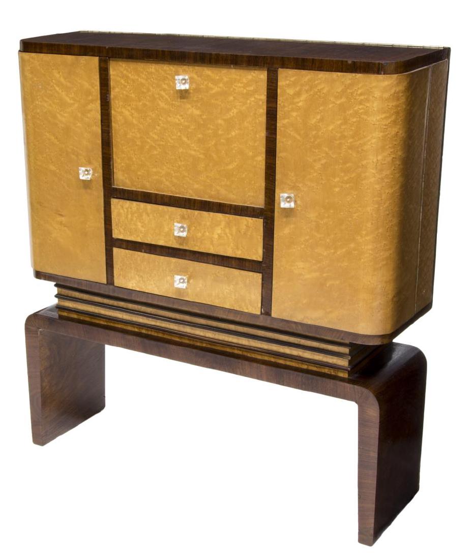 FRENCH ART DECO BAR CABINET: French Art-Deco bar cabinet, 1930's, a walut finish with maple color accents, the demilune form with a central drop front over two drawers, flanked at each side by curved doors, rising on an open base