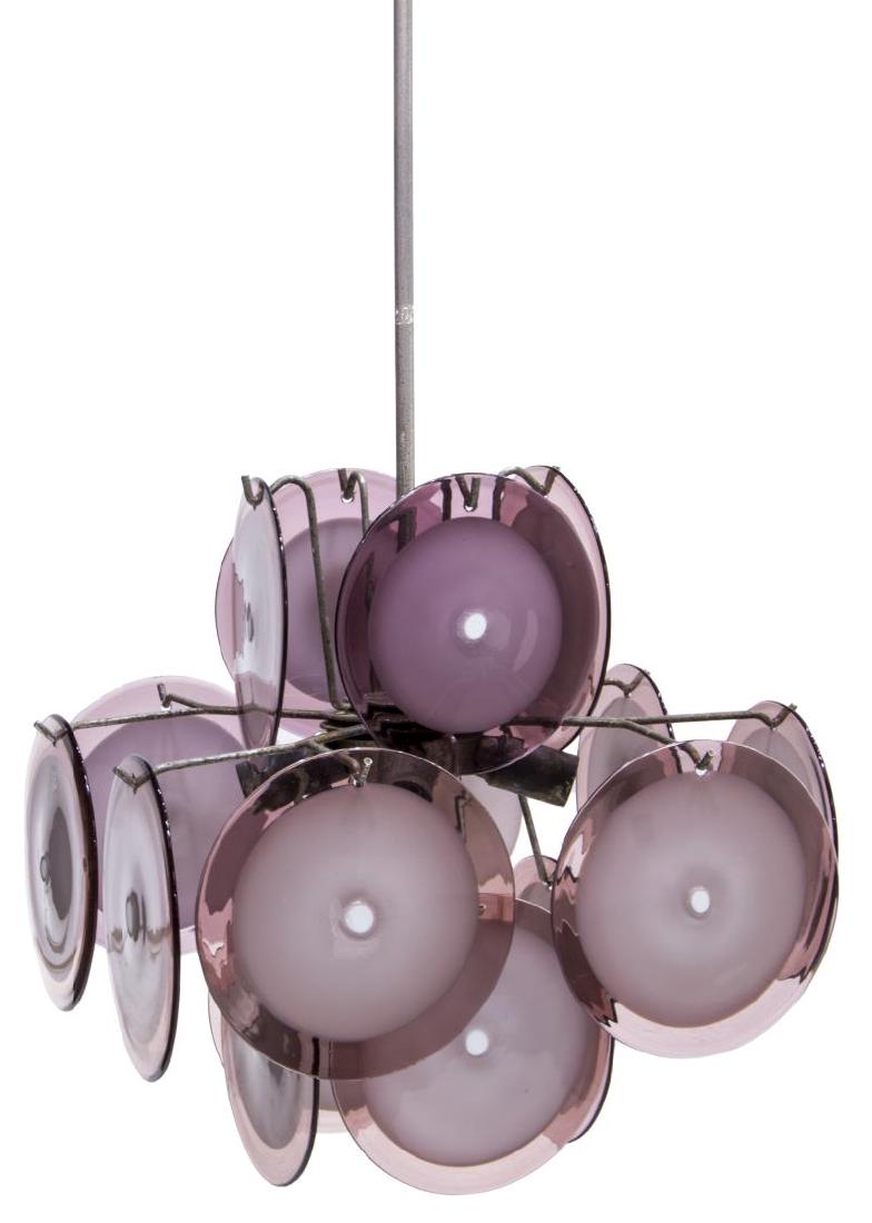 VISTOSI MODERN FOUR-LIGHT MURANO GLASS CHANDELIER: Modern four-light chandelier, Italy, c. 1970s, by Vistosi, having 16 amethyst Murano glass discs, hanging from three-tier metal frame, approx 37.25"h, 14.25"diam Start Price: $150.00