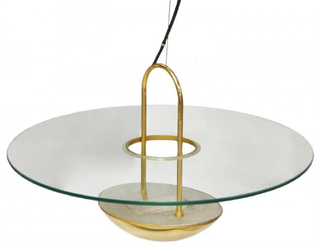 ITALIAN MID-CENTURY MODERN ONE-LIGHT HANGING LAMP: Italian mid-century modern ceiling light, c. 1970, a gilt metal ring supporting a circular pierced glass panel, resting over a gilt cup housing a single light, in need of wiring, approx 14"h, 23.5"w S