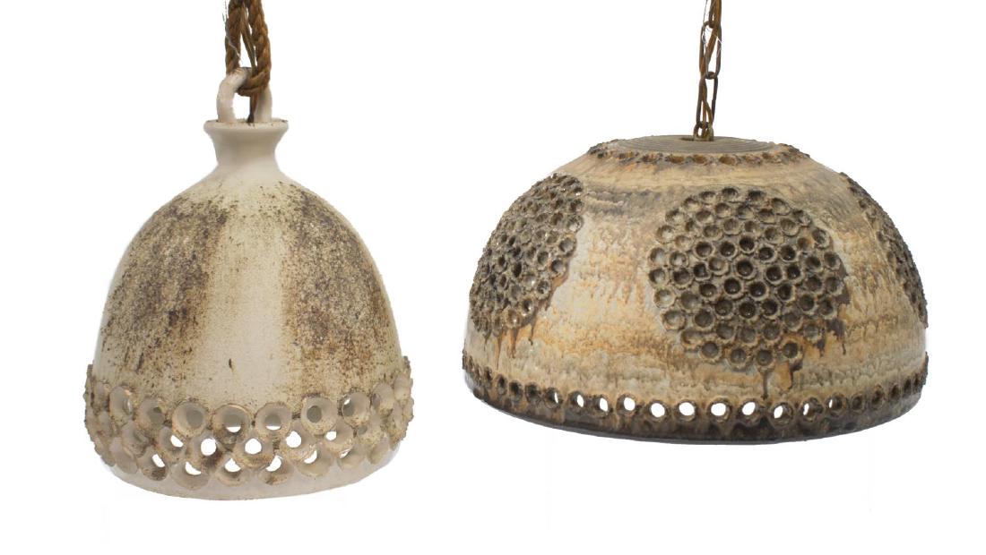 (2) DANISH MODERN POTTERY HANGING LAMPS: (lot of 2) Danish modern pottery hanging lamps, c. 1970's, including: (1) bowl-shaped shade, marked "Demstrup" and dated 11-10-1977 to underside as pictured, shade: 8"h, 12.5"diam; (1) bell-shaped tex