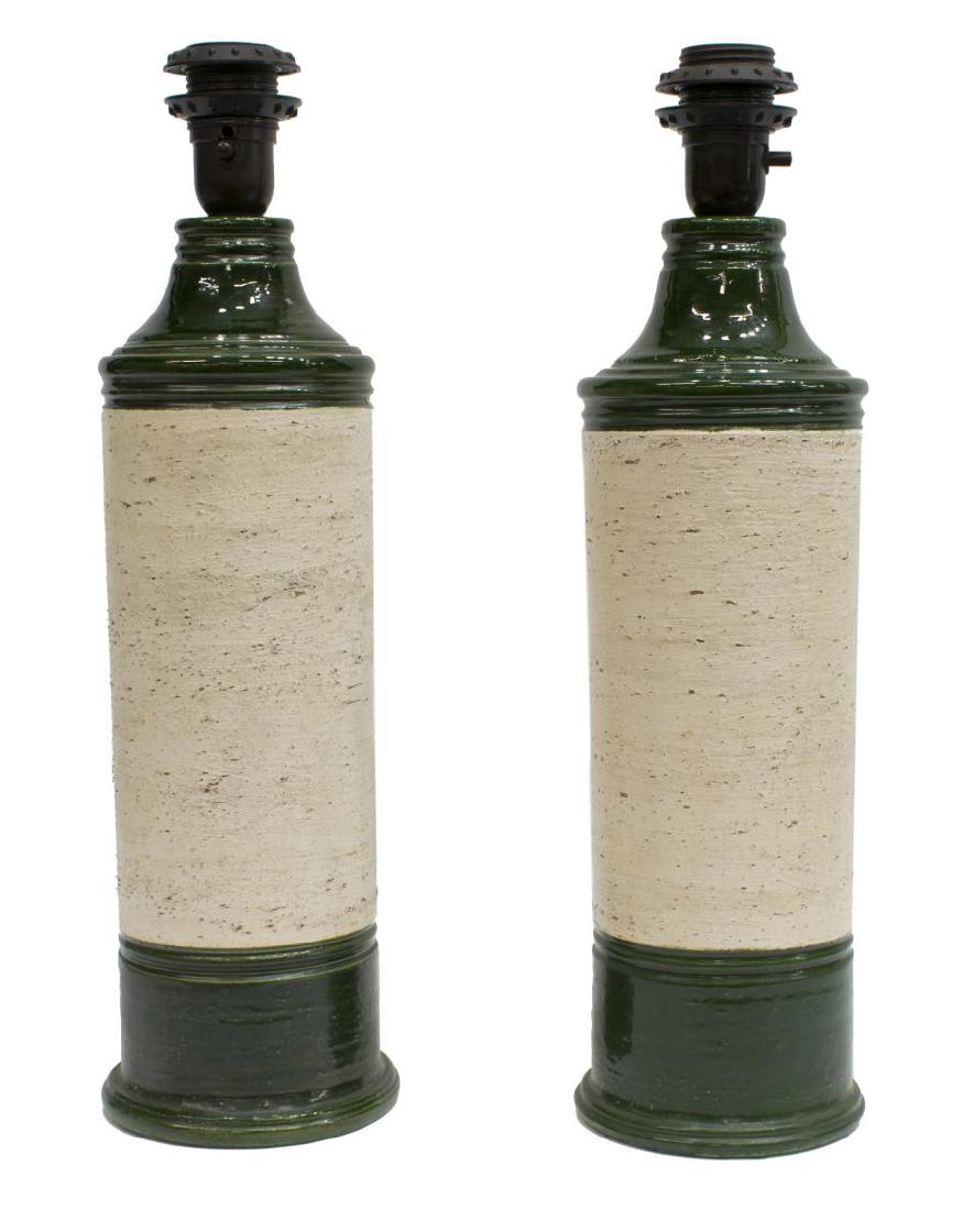 (2) BERGBOMS MIDCENTURY POTTERY TABLE LAMPS: (pair) Stoneware table lamps, c. 1960's, design by Bergboms (Sweden) for Bitossi (Italy), dark green standard having textured ceramic white "birch" overlay, each marked "Italy" underneath with number