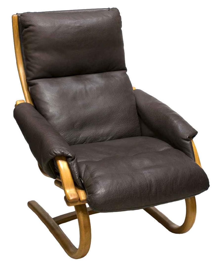 DANISH MODERN TEAK BENTWOOD LOUNGE ARMCHAIR: Danish modern lounge armchair, c. 1970s, having teak bentwood frame, with padded arms, and leather upholstery, tag reading "H (?) design, made in Denmark," approx 39.25"h, 28.75"w, 32.5"d Start Price: