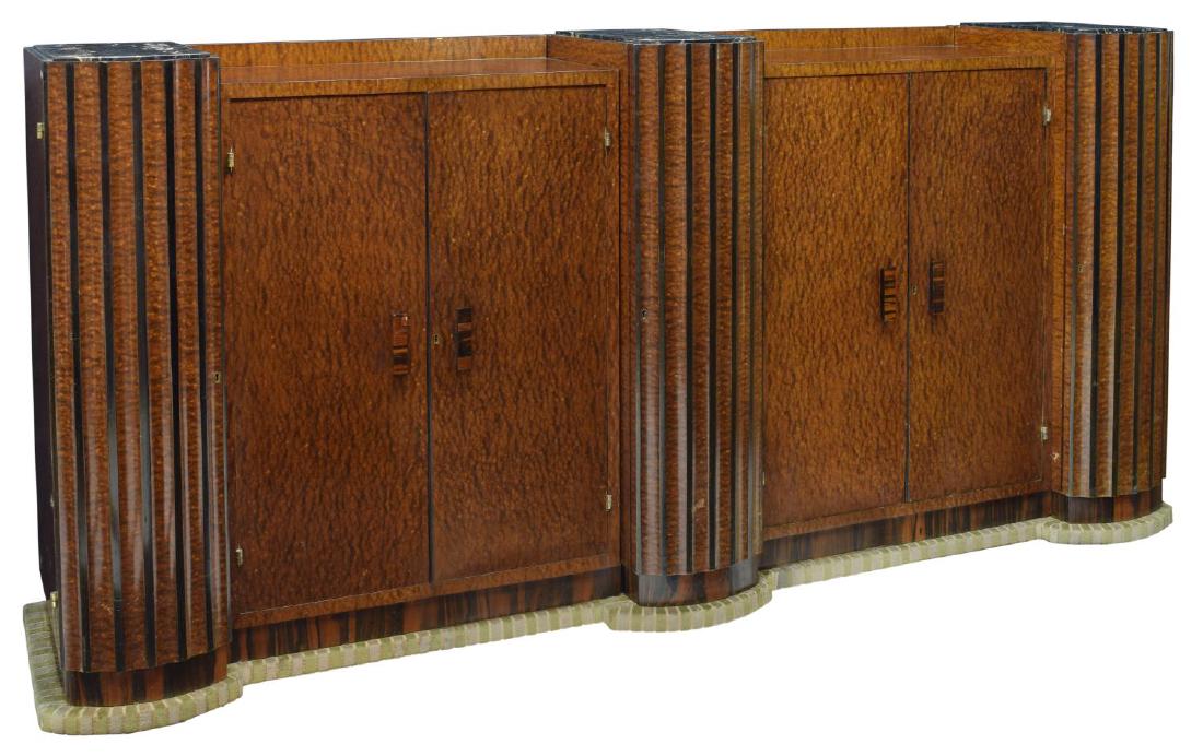 PAOLO BUFFA MODERN MACASSAR & BURLWOOD SIDEBOARD: Mid-century modern sideboard, Italy, c. 1950, design by Paolo Buffa (Italy, d.1970), having macassar and contrast burlwood case, fitted with two double-door cabinets, opening to two drawers over shelv