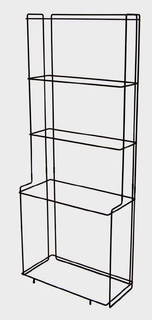 SCARCE ISOSCELES ETAGERE, DESIGN BY MAX SAUZE: Scarce Isosceles etagere, design by Max Sauze (Algerian-French, b. 1933), fire wire framed shelves, lacking glass, 59"h, 24"w, 12"d Start Price: $150.00