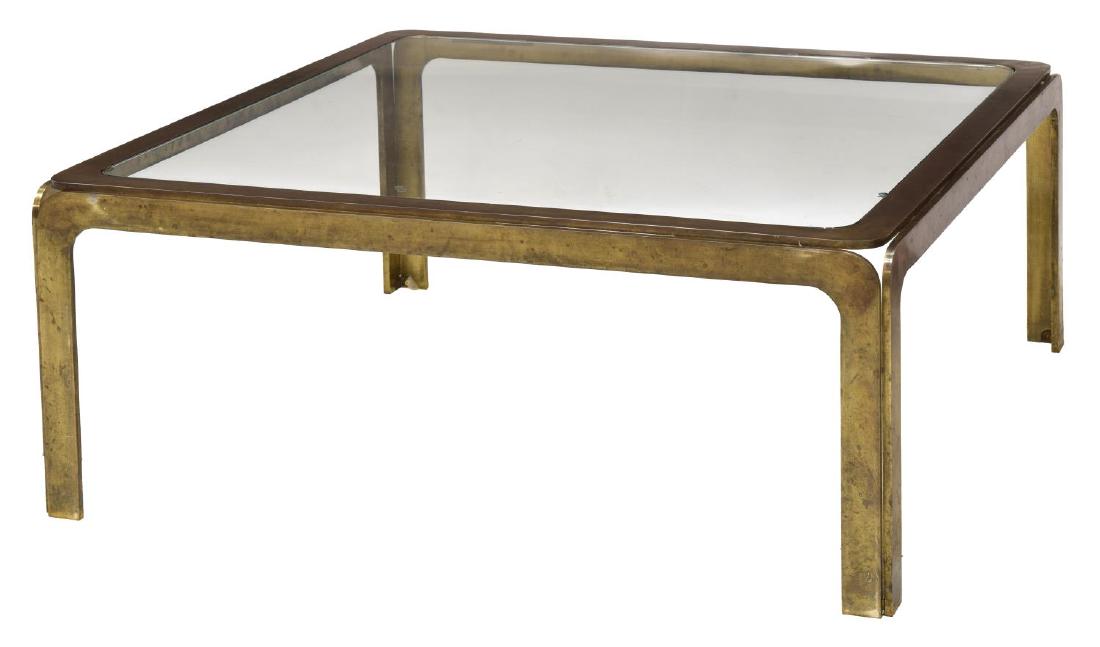 JOHN STUART MODERN STEEL & GLASS COFFEE TABLE: Mid-Century modern glass top coffee table, design by John Stuart, a square bronze color steel frame table with inset glass top, chip at table edge, 15"h, 38"w, 38"d Start Price: $80.00