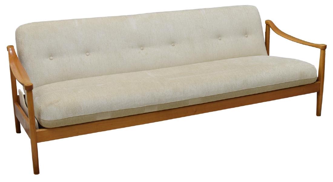 DANISH MID-CENTURY MODERN CONVERTIBLE DAYBED SOFA: Danish mid-century modern convertible daybed sofa, c.1960s, having maple frame, with white tufted chenille upholstery, approx 27"h, 79.25"w, 27"d Start Price: $300.00
