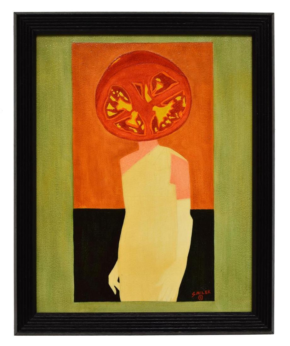 DAVID J. SMILEK (TEXAS, 20TH C.), POP ART PAINTING: Framed modern oil painting on masonite, "Cathleen the Tomato of My Mind", signed lower right Smilek (David J. Smilek, Texas, 20th/21st c.), titled, signed, dated 1994 at verso, sight: 17.5"h, 13.75"w,