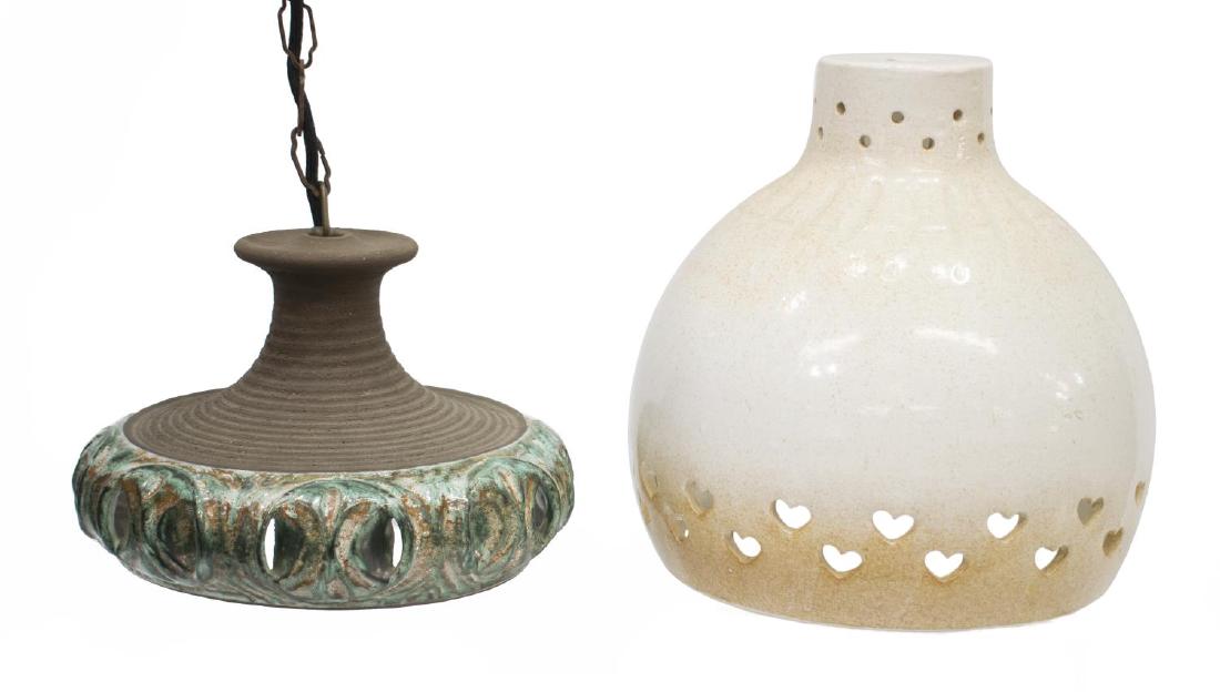 (2)DANISH MODERN ART POTTERY HANGING LAMPS, HANSEN: (lot of 2) Danish modern art stoneware lamps, c. 1970's, including: (1) shade having ridged pattern to top, cerulean glazed bottom with foliate design, marked ib-o (Ib O. Hansen, Danish), shade: 8"h, 
