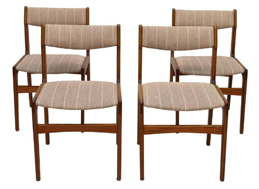 (4) DANISH MID-CENTURY MODERN TEAKWOOD CHAIRS: (lot of four) Danish mid-century modern chairs, c. 1950s, having teakwood frame, with upholstered seat and back, rising on tapered legs, label on underside reading "Karin Kamp mÃ¸belpolstrer," appro